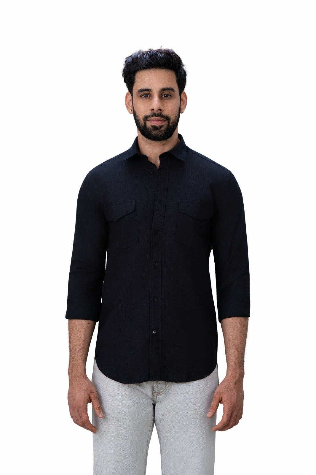 Classic Double Pocket Black Shirt - Front View