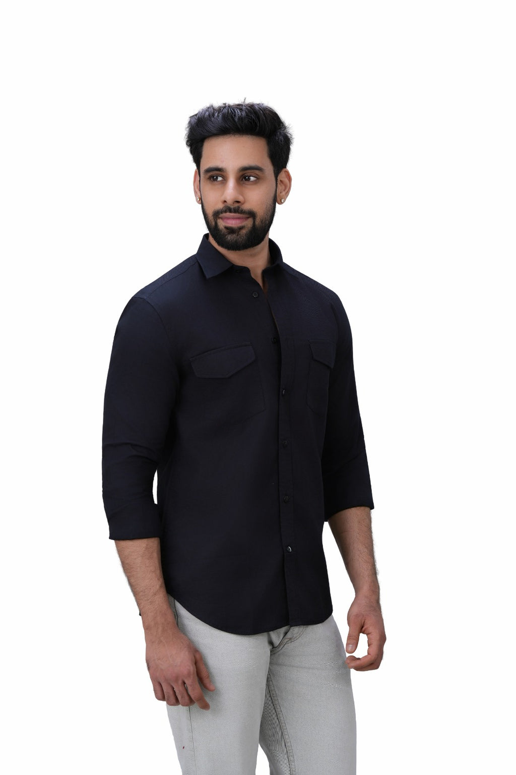 Classic Double Pocket Black Shirt - Front Angle View