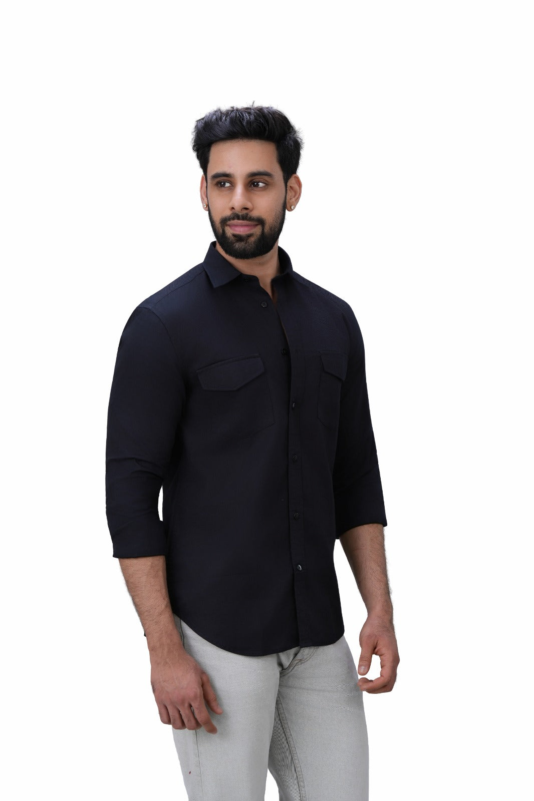 Classic Double Pocket Black Shirt - Front Angle View