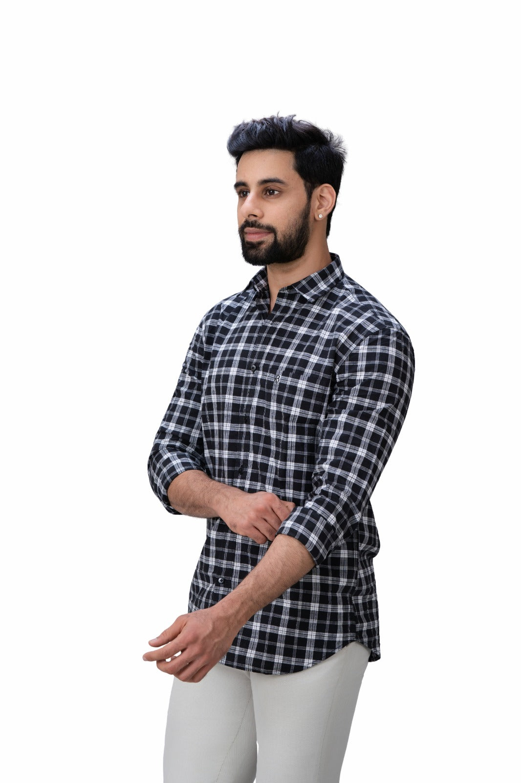 Men's Black & White Checked Shirt - Side View
