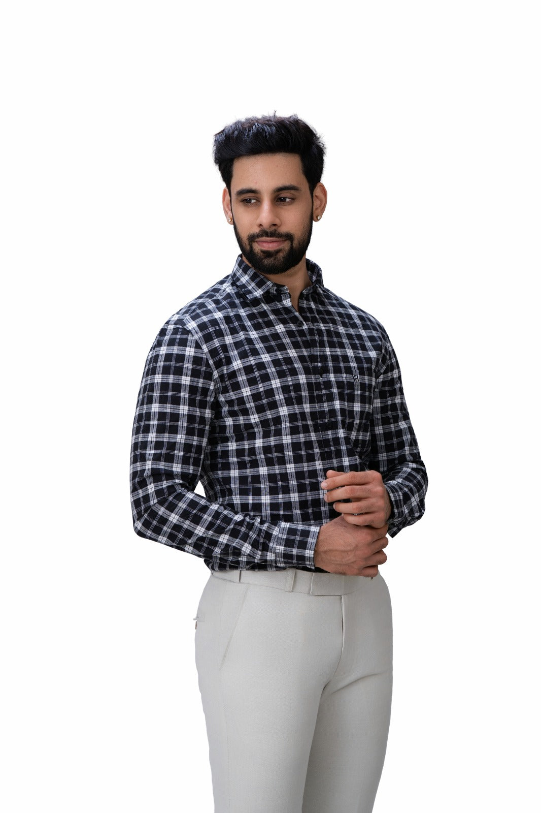 Men's Black & White Checked Shirt - Front View