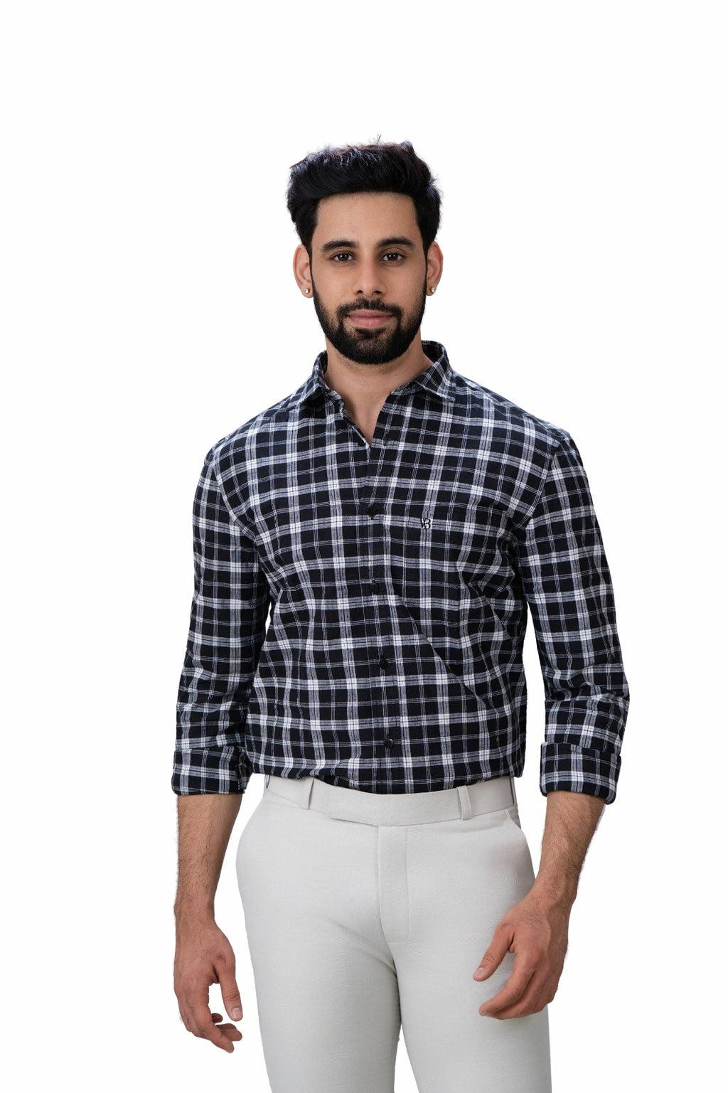 Men's Black & White Checked Shirt - Front Full View