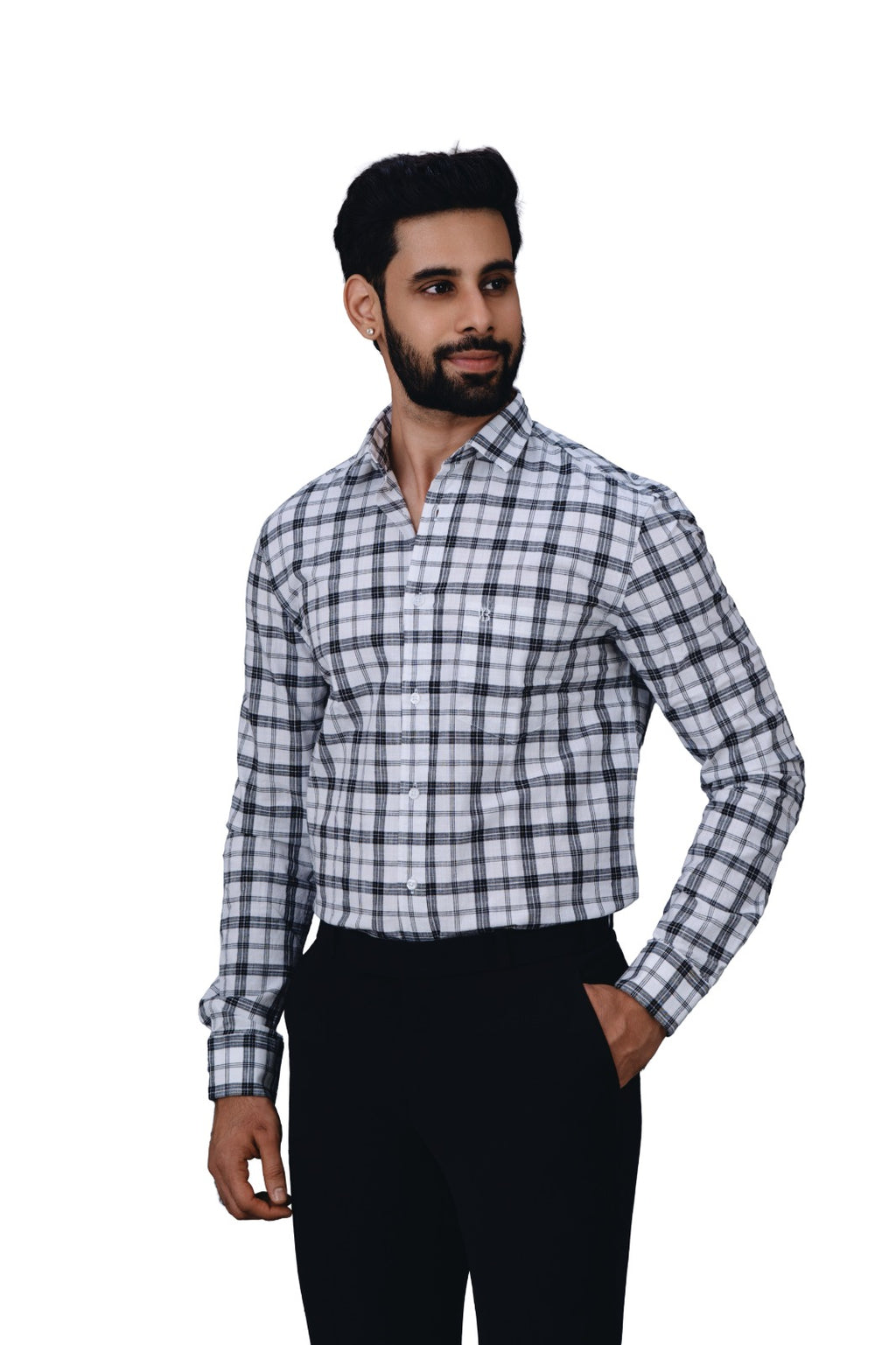 Men's White & Black Checked Shirt - Side Angle View