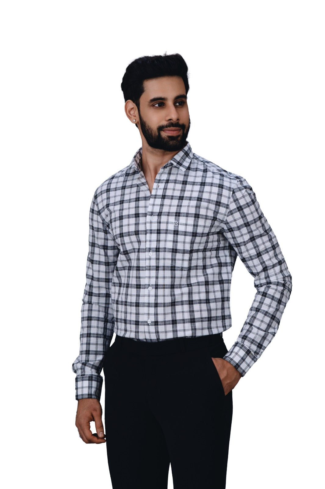 Men's White & Black Checked Shirt - Side Angle View