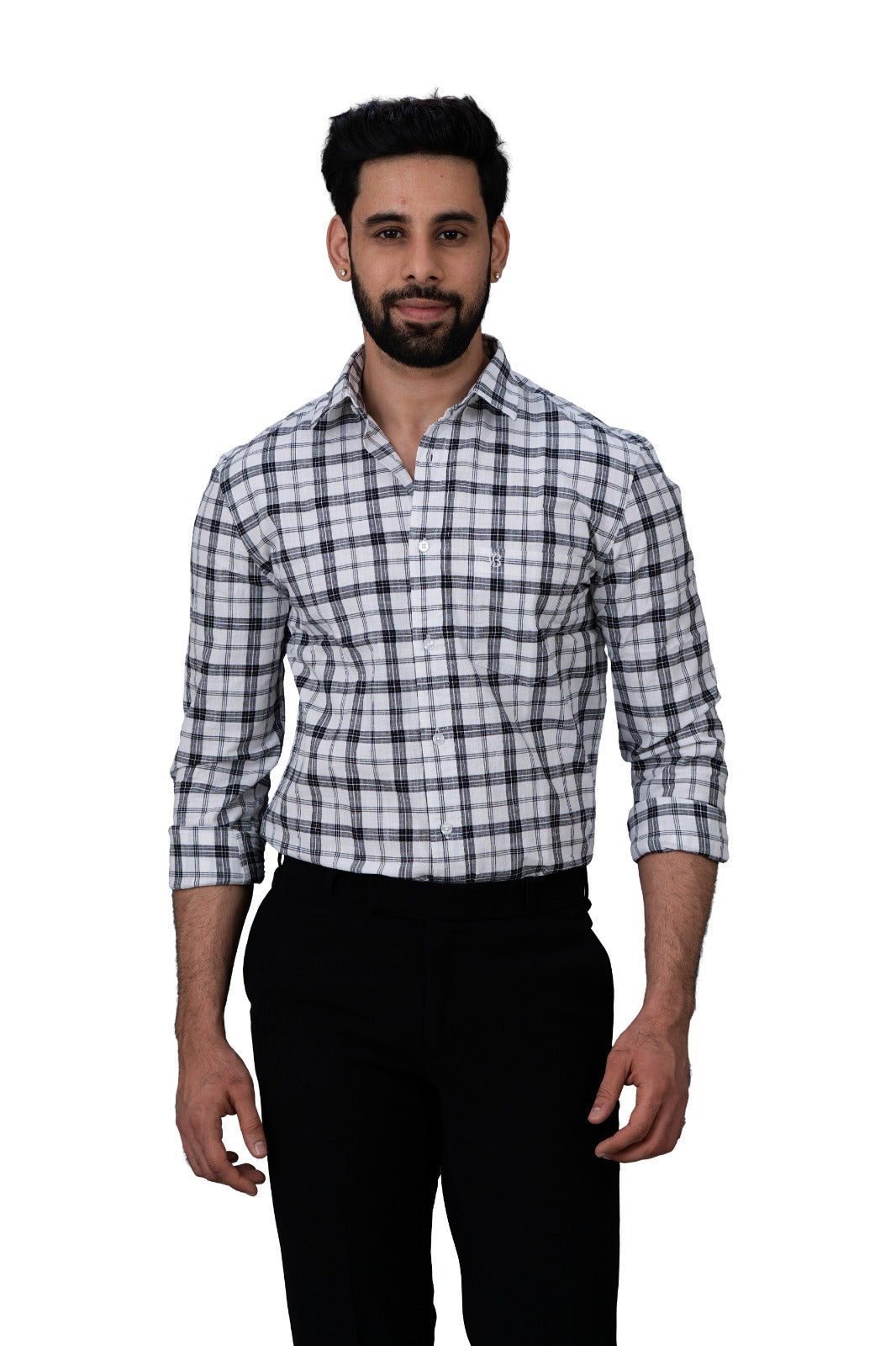 Men's White & Black Checked Shirt - Front View