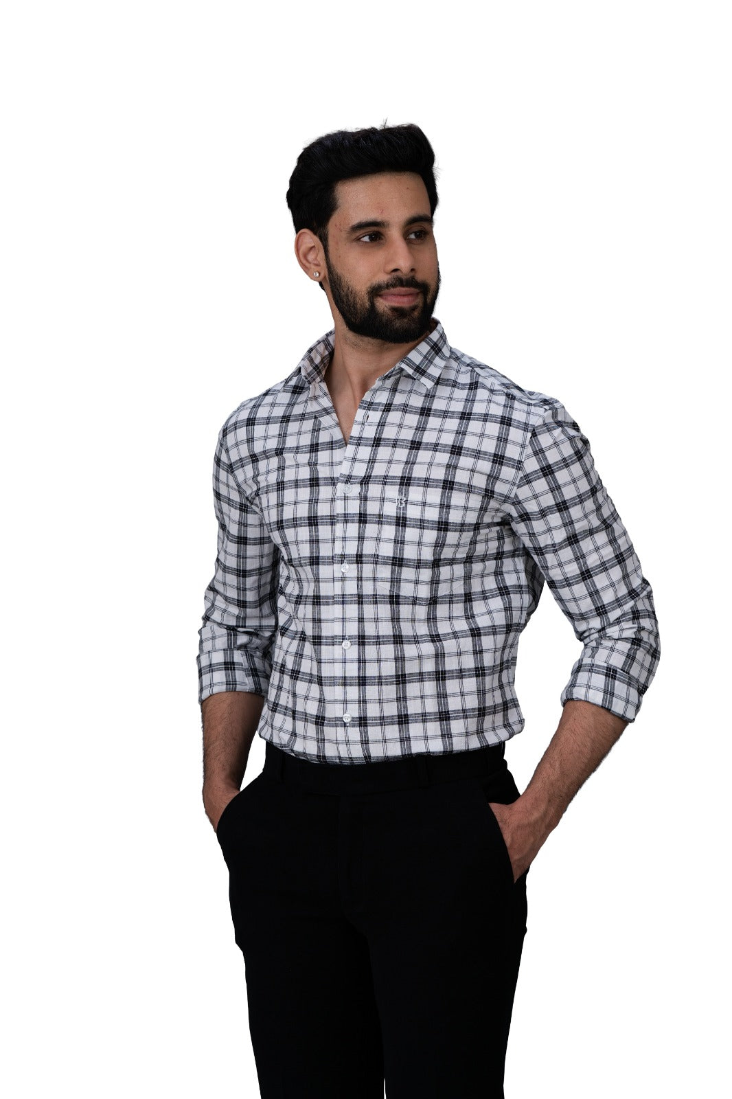 Men's White & Black Checked Shirt - Front Angle View