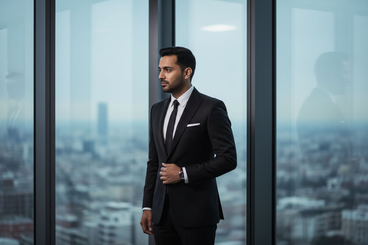 A sophisticated lifestyle photograph of a professional Indian man, age 30-35, 
wearing a perfectly tailored black formal blazer over a white dress shirt, 
standing in a modern minimalist office environment with floor-to-ceiling 
windows overlooking a city skyline. He's looking out the window with 
confident posture. The color palette is predominantly black, white, and 
gray with subtle blue tones. Lighting is natural but refined. The overall 
aesthetic conveys timeless elegance and professional success. Sho