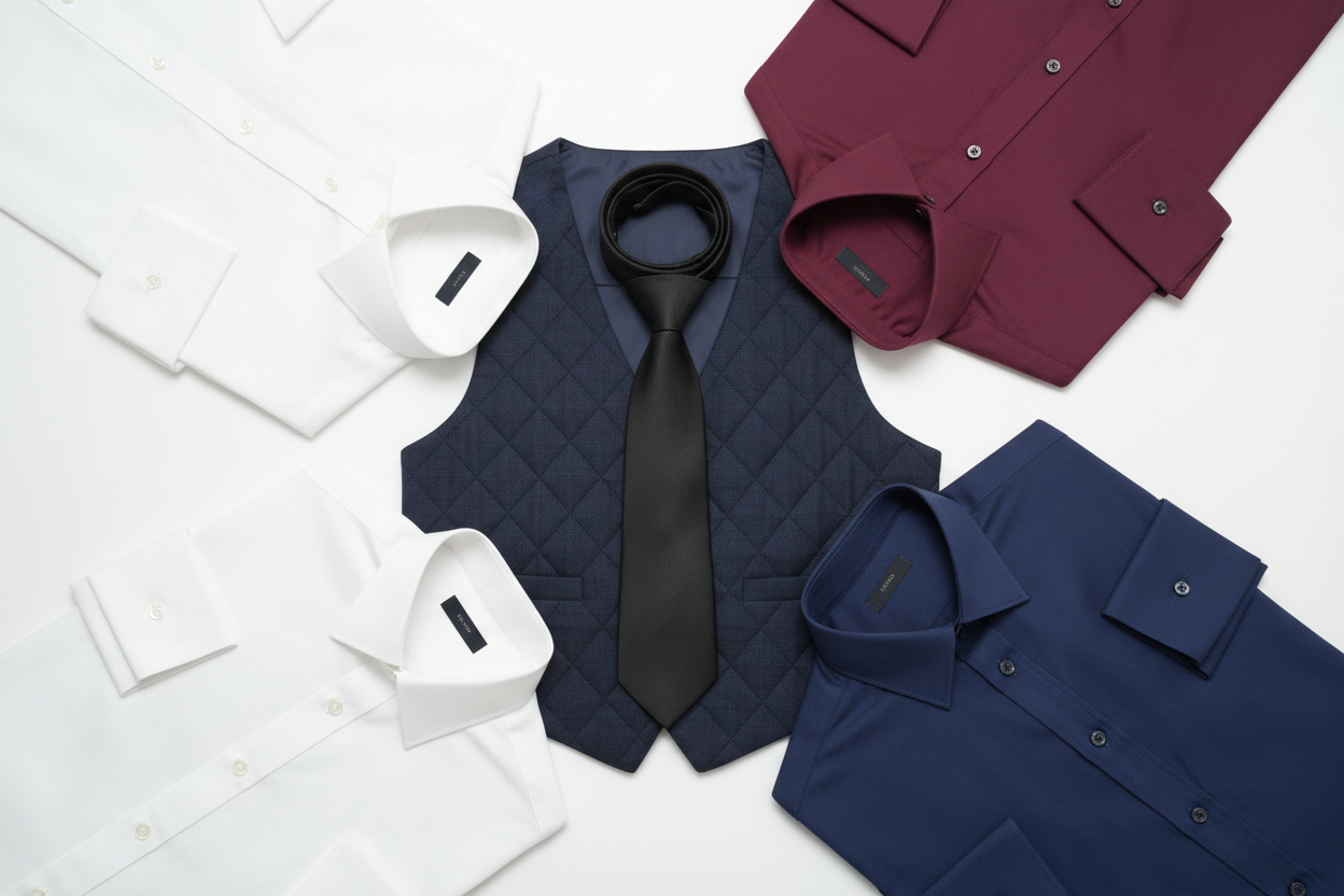 An overhead flat lay composition showing three different formal shirt color 
variations (white, burgundy, navy blue) artfully arranged around a black 
silk necktie and navy blue waistcoat on a pure white minimalist background. 
Each shirt shows the collar detail clearly, demonstrating versatility and 
styling options. The arrangement tells a story of mixing and matching. 
Professional product photography, studio lighting, carefully arranged, 
luxury retail aesthetic, 8k quality, shot in high-fashion magazin